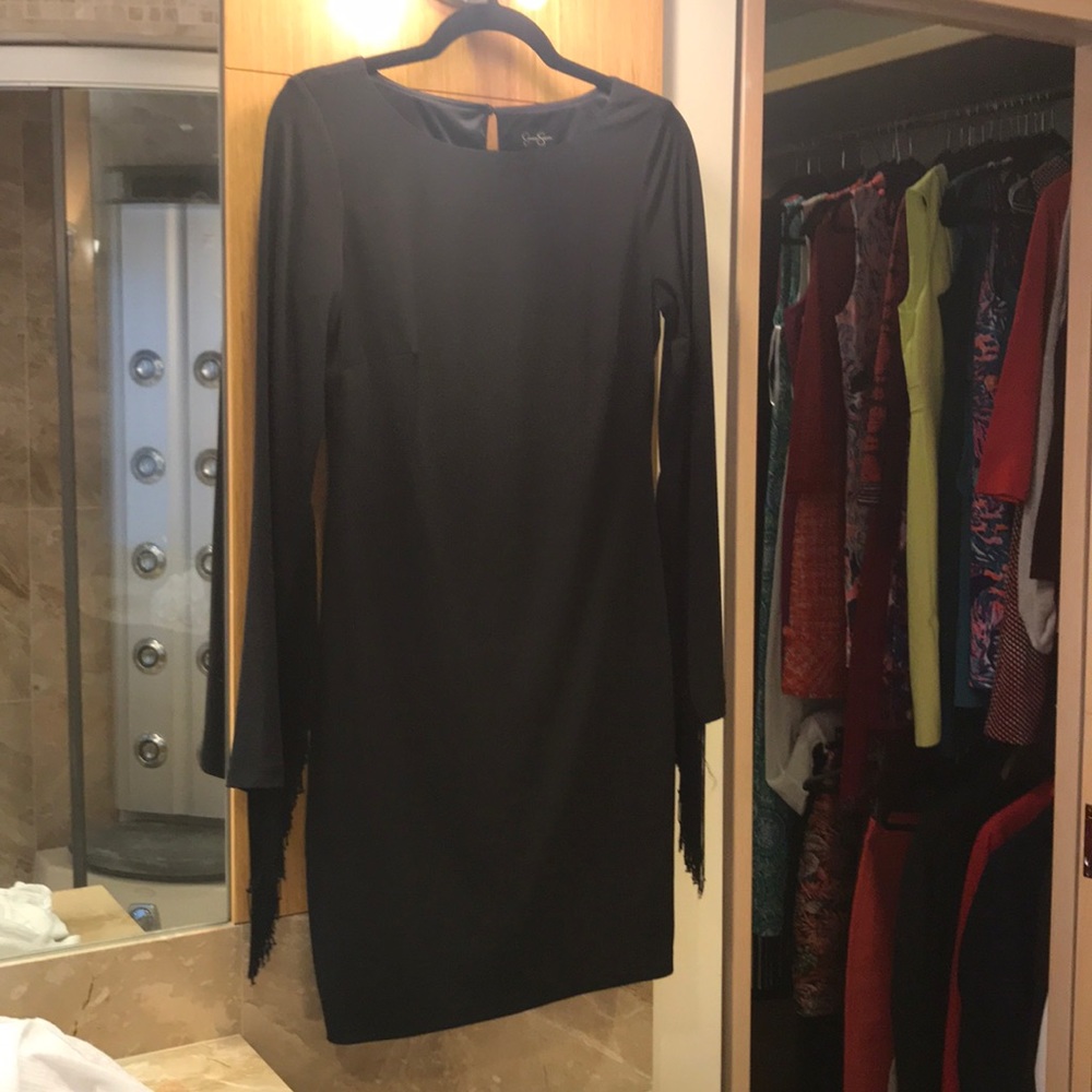 Little black dress with tassel sleeves